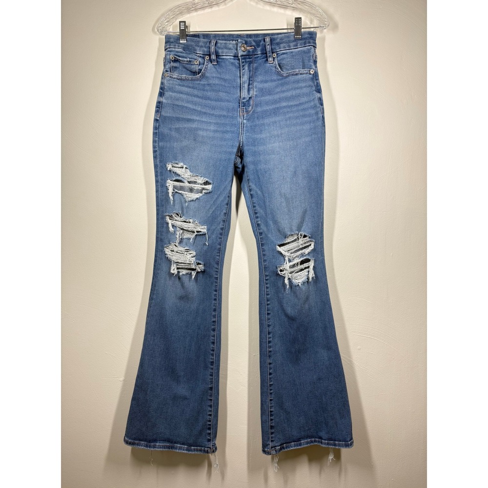 American Eagle Womenss Flare Jeans 8 Blue Distressed Super High Rise Curvy Boho